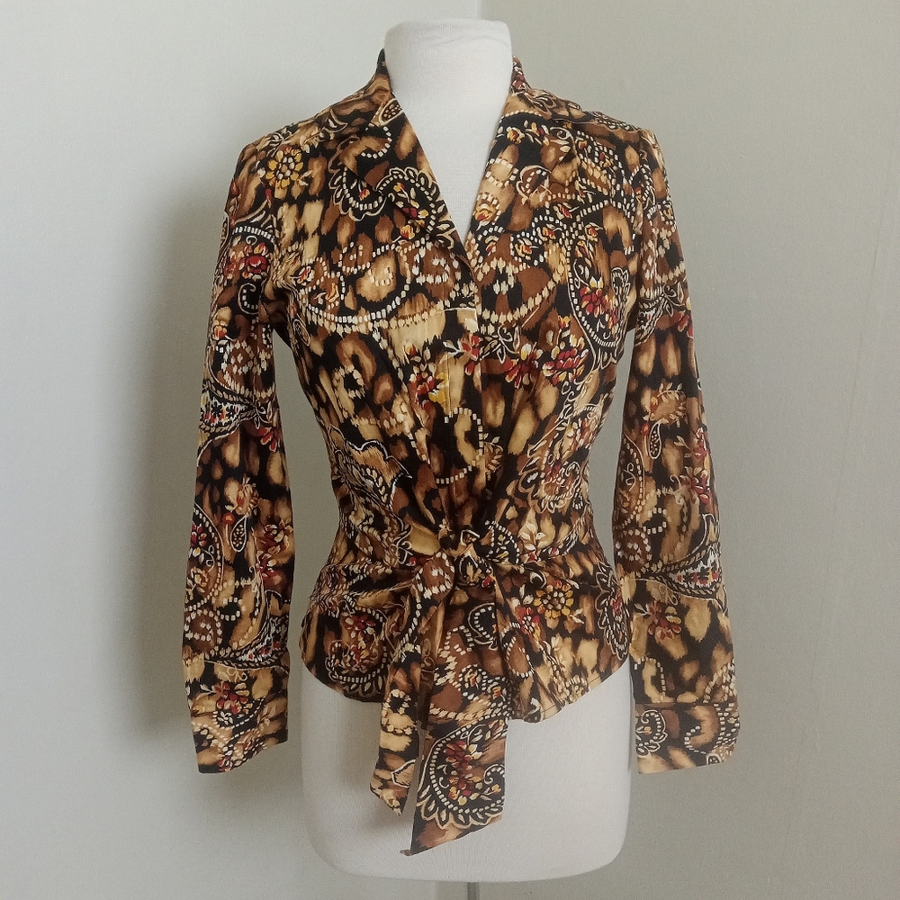Jones New York Size Small Warm Tones Paisley Center Front Wrap Long Sleeve Top